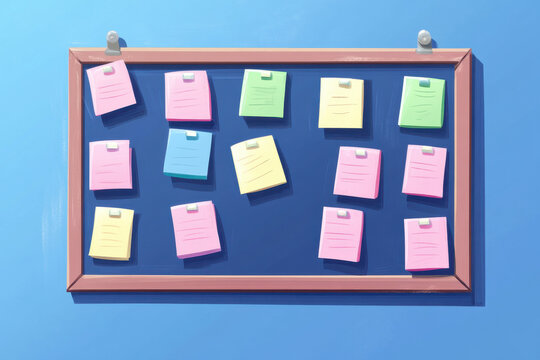 Gossip Workplace. A colorful bulletin board displays various sticky notes, showcasing reminders and notes in a creative, organized manner against a blue background.