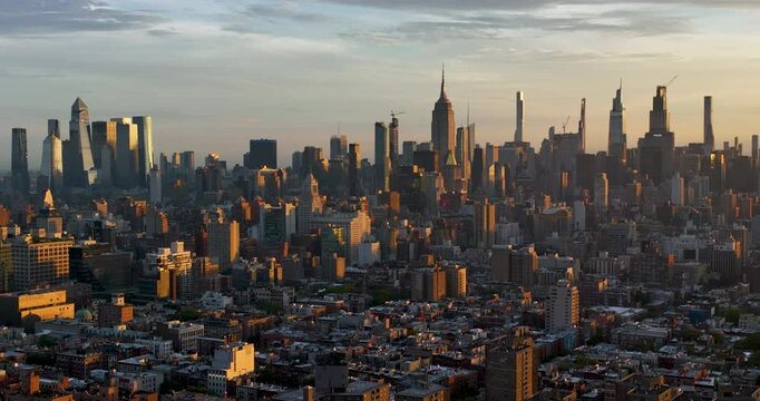 New York City Manhattan skyline panorama at sunrise, early morning sky