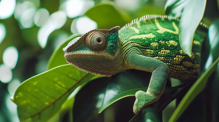 Fototapeta premium Discover the beauty of a green chameleon blending perfectly with its lush surroundings showcasing the elegance of natures colors and unique adaptations