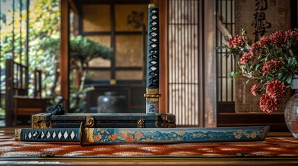 Naklejka premium A traditional Japanese katana sword with a blue and gold blade rests on a wooden table in a traditional Japanese setting, with a vase of red flowers in the background.