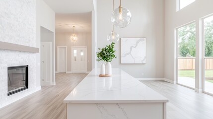 Fototapeta premium A spacious open plan living room, dining area, and kitchen with a large island, perfect for entertaining guests and spending time with family.