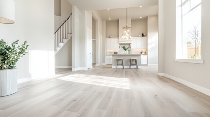 Fototapeta premium An open plan living room with a kitchen island that doubles as a breakfast bar, a comfortable living area with a sofa and armchairs, and a dining area with a round table and chairs.