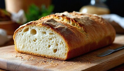 Fresh crusted bread on a wooden board.