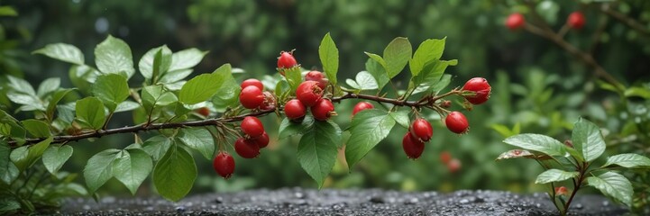 Fresh wild rose hip branch with red berry and blooming flower set against wet green leaves, bright, natural habitat, foliage