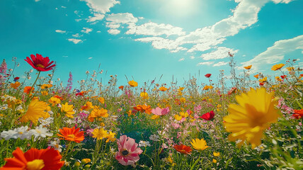 Obraz premium A vibrant wildflower field featuring a diverse array of colorful blooms swaying gently in the breeze, set against a bright blue sky, creating a picturesque and lively landscape.