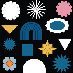 Abstract geometric shapes and icons. 