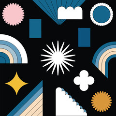 Abstract geometric shapes and icons. 