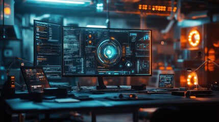 Obraz premium A futuristic workspace with a computer displaying a digital interface with glowing blue and orange accents.