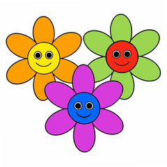Colorful groovy flower vector set with smiling faces for fun and vibrant designs