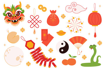 Vector set of Lunar year decorations elements. Chinese new year illustration in flat style. All elements are isolated.