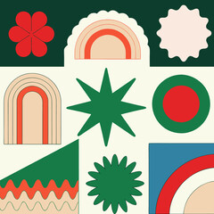 Abstract geometric shapes and icons. 