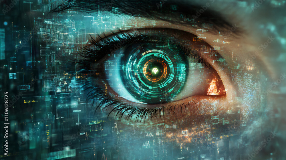 Leinwandbilder close-up of an eye with illuminated digital graphics, representing the fusion of technology with hum