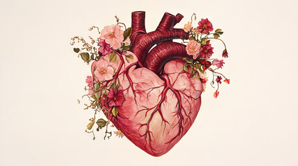 Watercolor anatomical heart entwined with flowers and leaves on a textured beige background. Artistic and romantic composition combining science and nature. Ideal for greeting cards, posters.