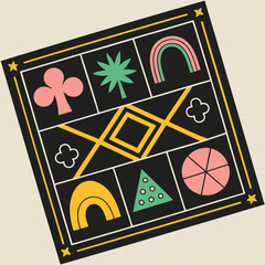 Abstract geometric shapes and icons. 