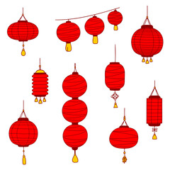 Red Paper Lantern Collection. Traditional Asian Lamps with tassels, knots and strings, various forms, simple icon set. Red, yellow, white background. Design elements, home decor, web, greeting cards