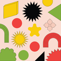 Abstract geometric shapes and icons. 