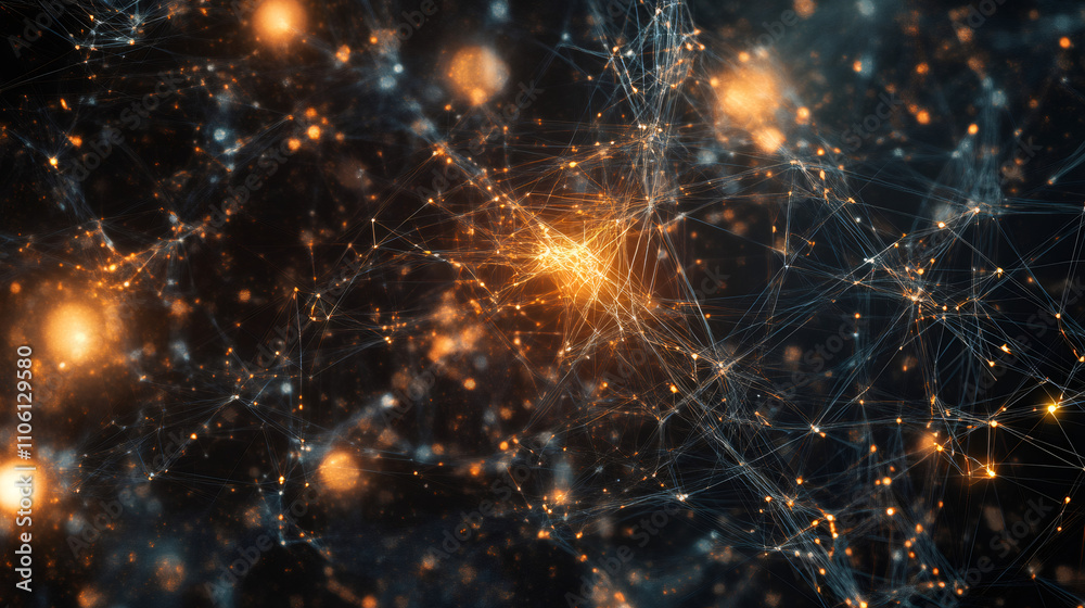 Aufkleber Complex network of interconnected nodes shining with vibrant orange light against a dark backdrop, symbolizing digital communication and data flow