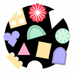 Abstract geometric shapes and icons. 
