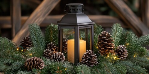 Decorative lantern surrounded by pinecones and greenery, casting a warm glow, perfect for festive ambiance