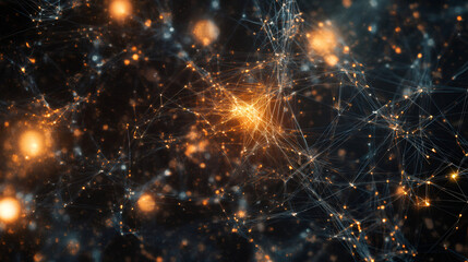 Complex network of interconnected nodes shining with vibrant orange light against a dark backdrop, symbolizing digital communication and data flow