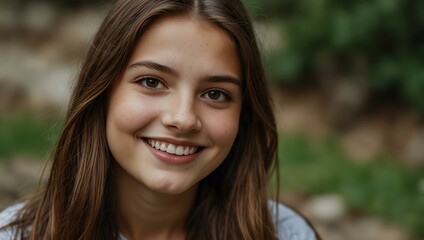 Naklejka premium Girl with long brown hair smiling at the camera.