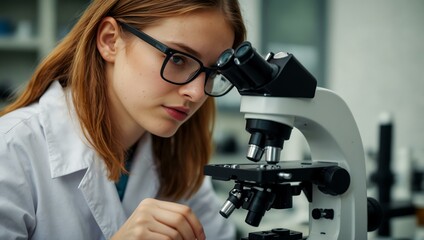 Girl working with a microscope in the lab.