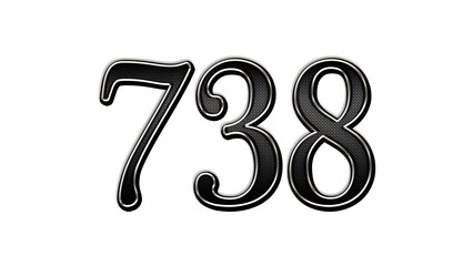 black metal 3d design of number 738 on white background.