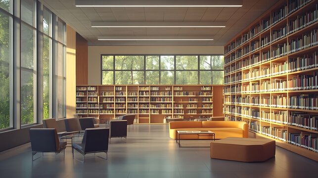 Modern library interior with seating and bookshelves, designed for reading and study.