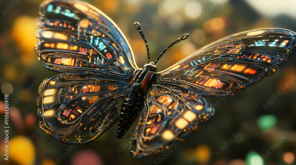 Poster electronic butterfly is flying showing artificial intelligence, deep learning, and technological evo