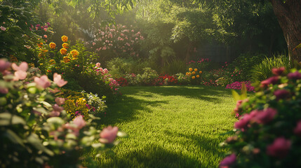Beautiful backyard garden in full summer bloom, featuring vibrant flower bushes. Greenery, blooming plants. Peaceful summer day outdoors