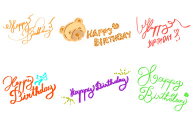 Happy birthday celebration concept. Greeting birthday party lettering with celebration hand drawn elements, decorative invitation card vector set. anniversary black and gold handwritten inscription