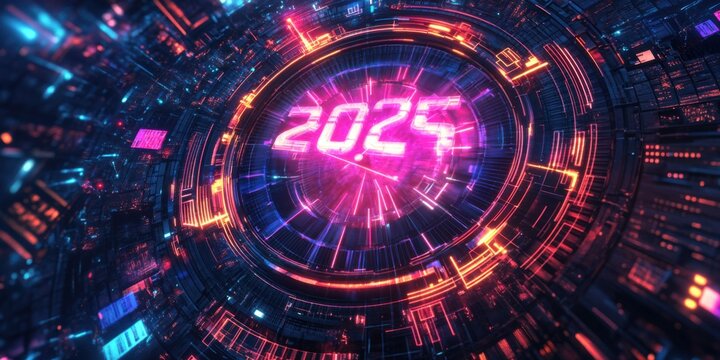 Digital clock striking midnight in neon hues, shining brightly, surrounded by futuristic design elements