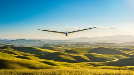 A glider soaring above lush green hills under a clear blue sky.