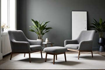 Soft Grey Boucle Chair and Ottoman in Minimalist Scandinavian Lounge Decor
