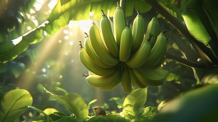 Here's a description for your stock photo

 Lush green banana bunch on tree, sunlit leaves, small bird.