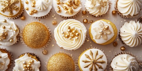 Elegant cupcake display with festive designs and shimmering golden sprinkles