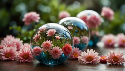 Glass spheres surrounded by flowers, elegant design.
