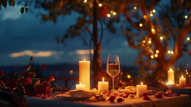Romantic dinner setting for a couple on candle lit table at night