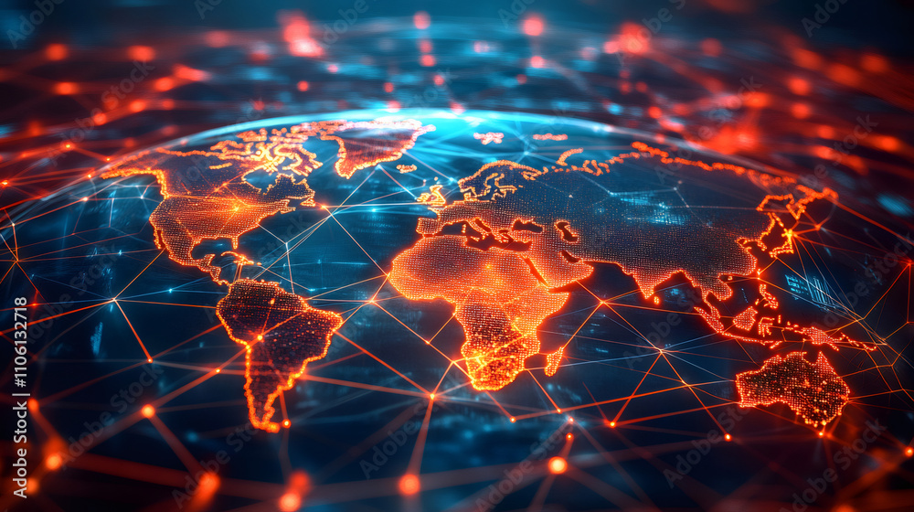 Poster Planet earth with glowing continents and interconnecting lines representing global communication and data exchange