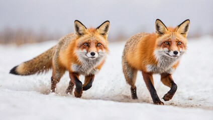 Obraz premium Red Fox Leaps Through Snowy Landscape