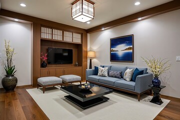 Fototapeta premium Blend Japandi Style with Modern Living Room Design for a Serene Atmosphere