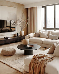 Scandinavian home interior design of modern living room with large beige sectional sofa, against tv.