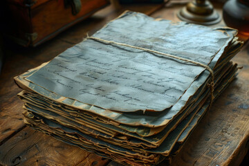 a stack of old documents neatly tied with rope. The paper has yellowed and looks worn, with obvious signs of age. 
