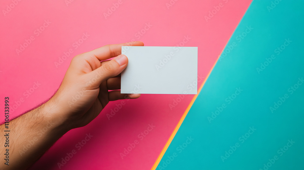 Aufkleber hand showing blank business card on colorful pink and turquoise background with copy space