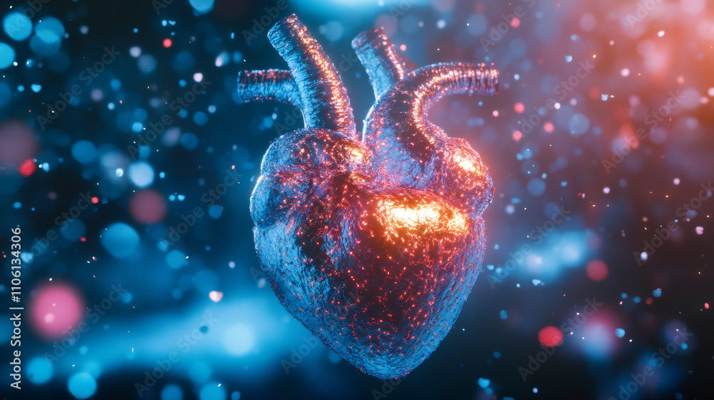 Aufkleber stylized plexus human heart glowing red and blue on a dark background with particles