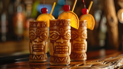 Rum punch in tiki glasses garnished with orange slices and a cherry