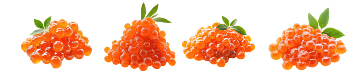 Group of salmon roe or red caviar collection isolated on transparent background, PNG. Clipart template 