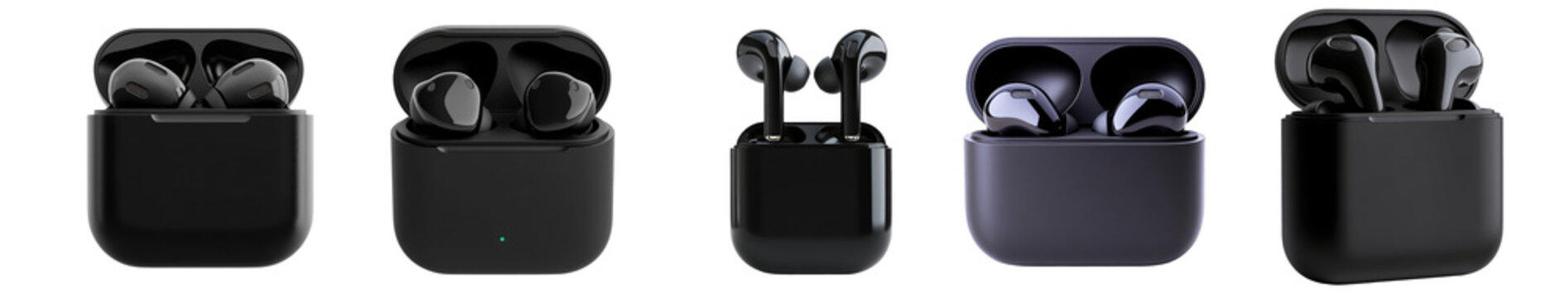 Modern wireless black earbuds with blank mockup design charging case collection isolated on transparent background, PNG. Clipart template 