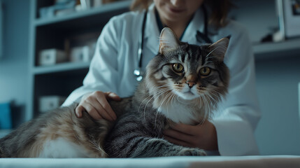 A veterinarian gently examining a cat in a clinic. Animal care and health