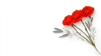Fototapeta premium Bright red carnations with silver leaves create stunning floral design, perfect for winter arrangements. This elegant composition adds touch of warmth and beauty to any setting